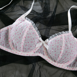 Conjunto de lencería romántica de malla transparente para mujer, sujetador con aros y bragas tipo tanga con estampado de puntos rosas, conjunto de ropa interior linda de talla grande para mujer - Product Image 6