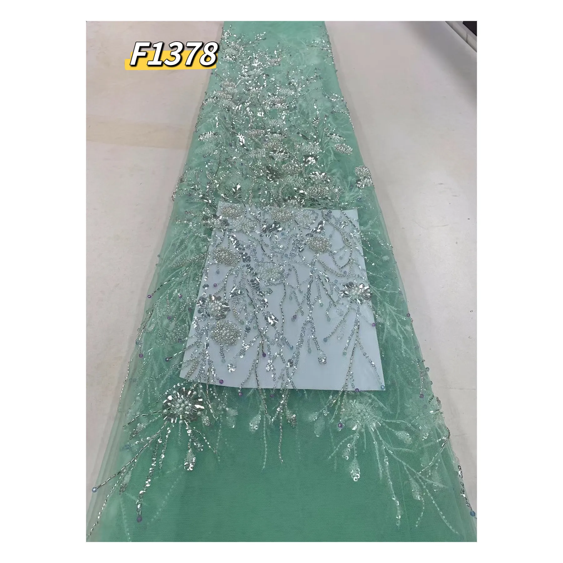 Wholesale mint green Heavy Sequin Embroidery coloured diamond French Mesh Crystal Beaded Lace Fabric For Wedding Evening Dress