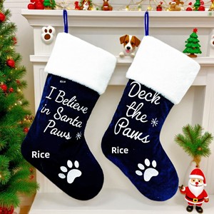Calcetín Navideño de Terciopelo Azul Marino de Lujo con Pata de Perro Bordada, Bolsa de Regalo Navideña Divertida para Mascotas, Decoración para Árbol de <span class=keywords><strong>Navidad</strong></span> - Product Image 3