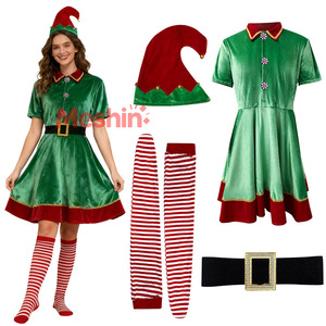 MS Christmas Elf Set Green Velvet Adult and Children Family Matching Outfits Shirt <b>Cosplay</b> Costume Wholesale - Product Image 6