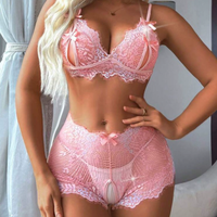 Ensemble de lingerie florale en dentelle pour femme avec embellissements en nœuds et panneaux en maille transparente, soutien-gorge et culotte sexy avec détails découpés