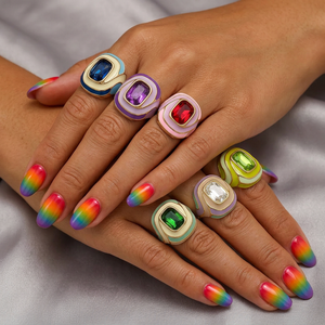 Anillos de Acero Inoxidable 316L al por Mayor, Chapados en <span class=keywords><strong>Oro</strong></span> PVD de 18K, con Banda de Esmalte Colorido y Gran Gema, Joyería de Moda para Mujer - Product Image 1