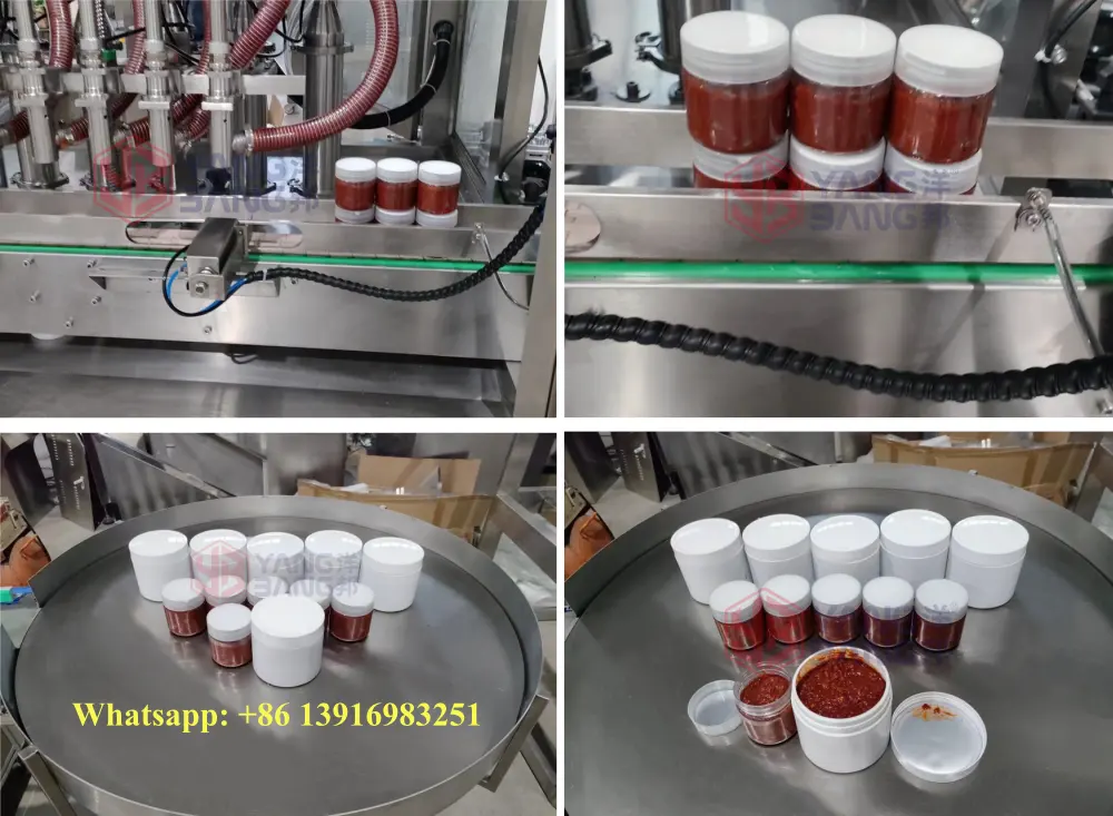 자동 4 헤드 잼 꿀 항아리 충전 및 캡핑 기계 토마토 소스 과일 잼 필링 라인