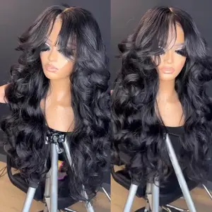 HD 13*4 Transparent Glueless Loose Wave Lace Front Wigs With Curtain Bangs Clear Transparent HD Lace Nature Wave Wig For Women