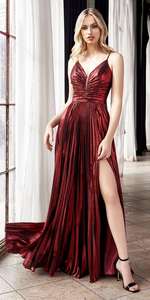 فستان جديد بدون أكمام بحمالات رفيعة وتصميم طويل على شكل حرف A مع طيات معدنية لامعة، فساتين سهرة وحفلات راقية - Product Image 3