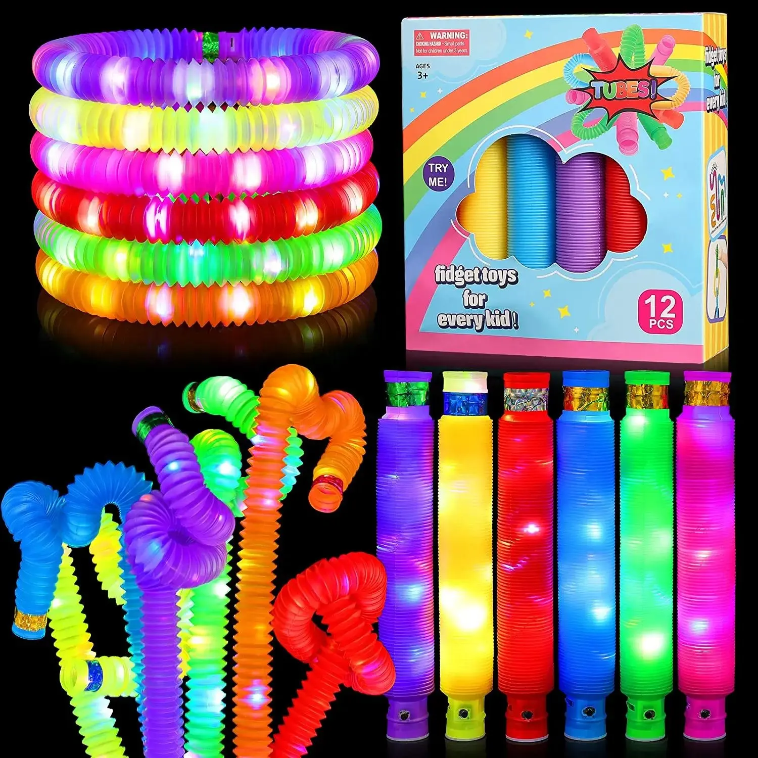 Plastic Stretch Light Up Pop Tubes Christmas Led Sensory Fidget Toys For Kids Adults
