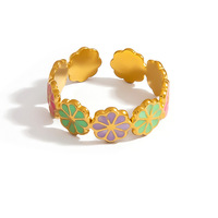 Cincin Manset Terbuka Lapis Emas 18K PVD Baja Tahan Karat, Cincin Jari Adjustable Motif Bunga Enamel Warna-warni, Perhiasan Fashion Wanita