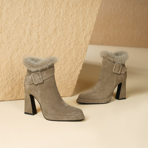 Bottines en <span class=keywords><strong>daim</strong></span> <span class=keywords><strong>taupe</strong></span> pour femmes, avec garniture en fourrure, sangle à boucle, talon bloc, plateforme, bottes habillées d'hiver - Product Image 6