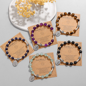 Braccialetto Rosario Cattolico Fatto a Mano con Gemme da 8mm, Charm della Vergine Maria, Confezione con Biglietto '<span class=keywords><strong>Dio</strong></span> <span class=keywords><strong>Ti</strong></span> <span class=keywords><strong>Benedica</strong></span>' - Product Image 1