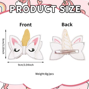 Children's Unicorn <b>Bow</b> Sweet Baby Embroidered Hair <b>Clip</b> PU Leather Fabric Hair Accessories - Product Image 3
