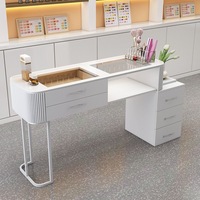 Table de manucure style Ins avec armoire latérale, bureau de salon de manucure moderne en verre, ensemble de poste de travail pour technicien en ongles