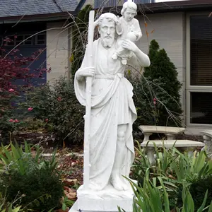 Custom Hand-Carved Natural White Marble Life Size Saint Christopher Statue For Religious Church