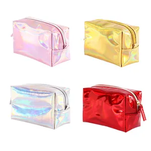 Wholesale Custom Laser Holographic Silver Gold PU Leather Cosmetic Bag Hologram Zipper Makeup Pouch Bag For Women