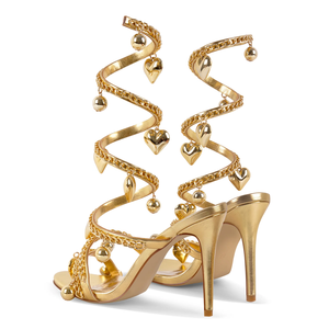 Sandales à talons hauts pour femmes avec pendentif en forme de cœur en chaîne spirale dorée - Product Image 5