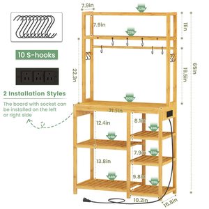Bakers Rack with Power Outlets, 8-Tier <strong>Microwave</strong> <strong>Stand</strong>, Kitchen Utility Storage Shelf 10 S-Shaped Hooks, Coffee Bar Table