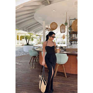 Conjunto Formal Casual de 2 Piezas Zayla Negro, Falda Larga y Top Corto de Verano, Talla XS, Tejido de Punto Sólido - Product Image 2