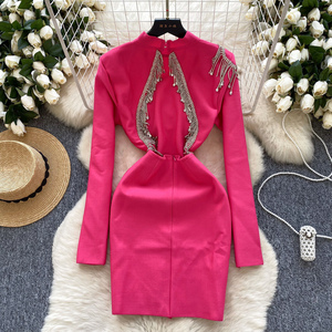 Túnica Sexy de invierno, vestido Midi informal ajustado para mujer, manga larga, diamantes, ahueca hacia fuera, sin espalda, borla, encaje, Vestidos rojos <span class=keywords><strong>Bla</strong></span> - Product Image 2