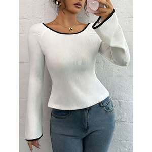 Pull blanc à manches évasées et peplum pour femme, haut côtelé à manches longues - Product Image 2