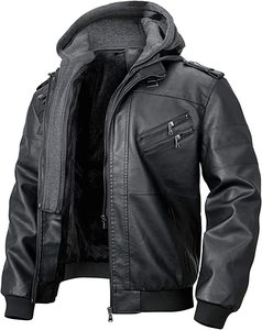 Vintage Men's Customize Faux Leather <b>Jacket</b> Winter Motorcycle Biker Cafe <b>Racer</b> <b>Jacket</b> with Fleece Removable Hood OEM Wholesaler - Product Image 4