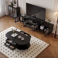 Meuble TV et Table Basse Combinés Style Rétro Français-Américain en Bois Massif Noir Pliable avec Rangement pour Salon