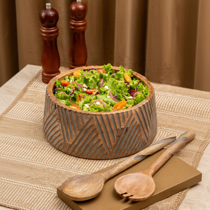 Saladier en bois massif sculpté à la main avec un motif gravé en diagonale unique, plus des serveurs en bois, disponible au prix de gros. - Product Image 1