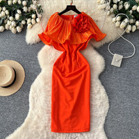 Robe midi décontractée élégante pour femmes WIWT, orange, plissée, col à volants, décoration florale 3D, pour les fêtes, le quotidien, robes décontractées