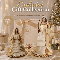 Großhandel 3-teiliges handgefertigtes Heilige-Familie-Set mit Gold-Creme-Stoffroben, Harz-Skulptur und Holz-Krippe
