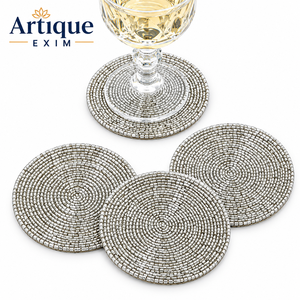 Silver Beaded Coaster Set, Round Seed Bead Drink <b>Mats</b>, Metallic Table Coasters for Home, <b>Bar</b>, Dining & Kitchen Decor - Product Image 1