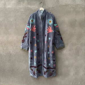 <b>Women's</b> Gray <b>Velvet</b> Long <b>Coat</b> Stand Collar Zipper Up Winter Jacket Embroidered Floral Bird Star Pattern Drop Shoulder - Product Image 1