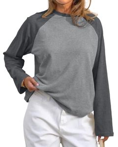 Camiseta <span class=keywords><strong>de</strong></span> Manga Larga Raglán para Mujer, con Logotipo Personalizado, Bloques <span class=keywords><strong>de</strong></span> Color, Cuello Redondo, Corte Holgado, Dobladillo Curvo, Informal, Básica, Venta al Por Mayor, OEM - Product Image 1