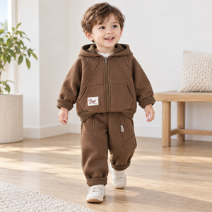 Ensemble de vêtements décontractés coordonnés pour petits garçons, <span class=keywords><strong>sweat</strong></span> à <span class=keywords><strong>capuche</strong></span> marron avec fermeture éclair et pantalon à revers avec détails en panneaux, pour tout-petits et enfants de 0 à 3 ans - Product Image 3