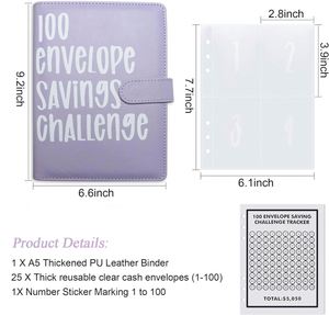 100 Envelope Savings Challenge Book A5 Spiral Pu Leather <b>Budget</b> <b>Binder</b> Planner Notebook for Money Saving - Product Image 4
