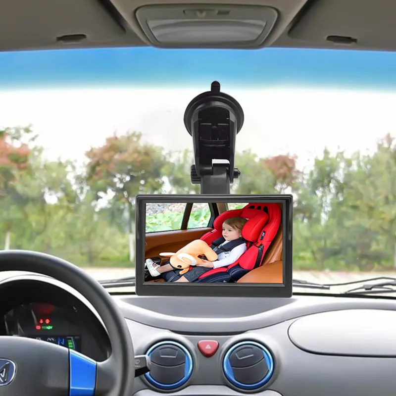 จอมอนิเตอร์สำหรับเด็กติดรถยนต์ขนาด5นิ้วความคมชัดระดับ HD 1080P พร้อมกล้องใช้ซ้ำได้พร้อมตัวดูดกระจกรถยนต์เด็กทารก