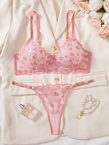 Rose & Heart Embroidery Lace Lingerie Set Sexy Sheer Mesh Underwire <b>Bra</b> and Thong Panties Set French Style Underwear Set OEM ODM - Product Image 2