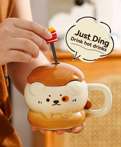 Small Animal Burger Cup with Lid with Spoon Cartoon Drink Cup with Handle Dust Proof Ceramic Couple Cup - Product Image 5