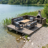 Ensemble de conversation moderne pour l'extérieur, 6 pièces, cadre en aluminium noir mat, accoudoirs en bois, table basse à lattes, lavable, gris foncé, pour jardin