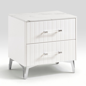 Comodino bianco con 2 cassetti, piano in finto marmo, gambe cromate, mobili per camera da letto - Product Image 3