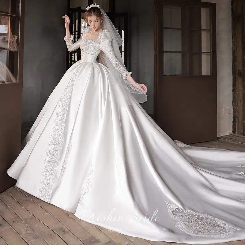 Robe de mariée à manches longues en satin blanc, style français, perles de luxe, scintillante, grand train, dernière collection 2022