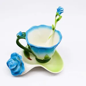 Taza de café de cerámica de porcelana rosa romántica, juego de cuchara y platillo para café