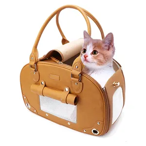 Waterproof Premium Leather Pet Travel Portable Bag Carrier for Cat and Small Dog Home & Outdoor Small Brown