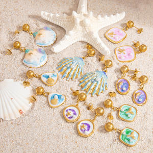 Pendientes Colgantes de Aleación de Zinc con Baño de Oro de 18K, Diseño Degradado Temática Oceánica, Postes de Acero Inoxidable, Joyería de Moda - Product Image 1