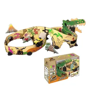最新恐龙轨道车玩具电动赛车创意涂鸦轨道套装DIY建筑纸板轨道怪物儿童卡车