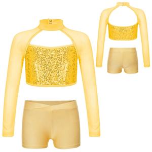 6-16 <b>Kids</b> Girls Latin Dance Dress Performance Wear Gymnastics Dance Outfits <b>Crop</b> <b>Top</b> With Shorts Sets For Dance Class - Product Image 3