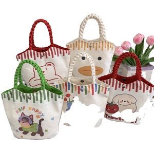 Bolso de Mano Mini de Lona con Diseño de Letras de Moda Besto, Asa Trenzada, Diseño Keep Happy, Bolso de Hombro Reutilizable para Mujer - Product Image 1