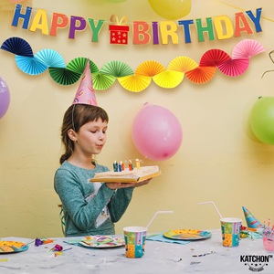 Bannière Joyeux Anniversaire Arc-en-ciel avec Guirlande de Ventilateurs en Papier Pré-attachée pour Décorations d'Anniversaire - Product Image 1