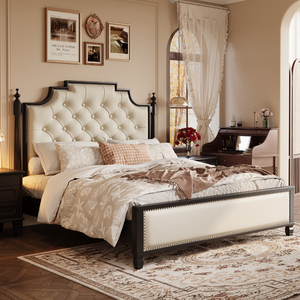 Cama Doble Americana de Lujo Moderno de 1.8m con Estructura de Madera Sólida y Tapicería de Tela, con Botones, en Nogal y Roble para Dormitorio Principal - Product Image 5