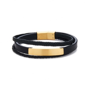 Custom Non Tarnish <b>Men</b> Bracelet Luxury 14k 18k Gold Plated 316l Stainless Steel Multi-layer Leather Braided Bracelet for <b>Men</b> - Product Image 5