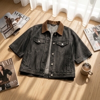 Chaqueta vaquera negra para mujer con cuello de pana marrón, abrigo vaquero oversize a la moda con botones plateados elegantes