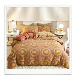 Cotton Double Layer Yarn Four Piece Set Comfortable Breathable Button Quilt Cover Pillowcase Soft Retro Bed Sheet