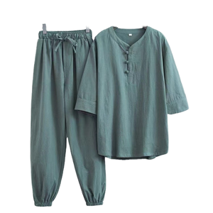 Costumes décontractés en coton et lin pour hommes Chemise à manches courtes brodée Pantalon de jogging Tissu tricoté respirant d'été Motif uni - Product Image 1